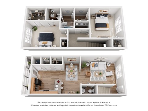 A 3D floor plan of a two-bedroom apartment with a living room, kitchen, and bathroom.